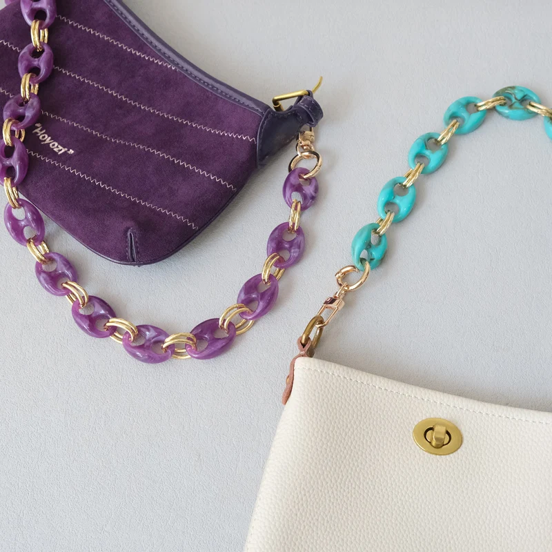 Neue Modische Damen-Taschenaccessoires: Leoparden-Muster, Bonbon-Rot, Blau, Acrylharz, Metallkette, Schulterriemen, Lange Kette für Umhängetaschen – Detail 11