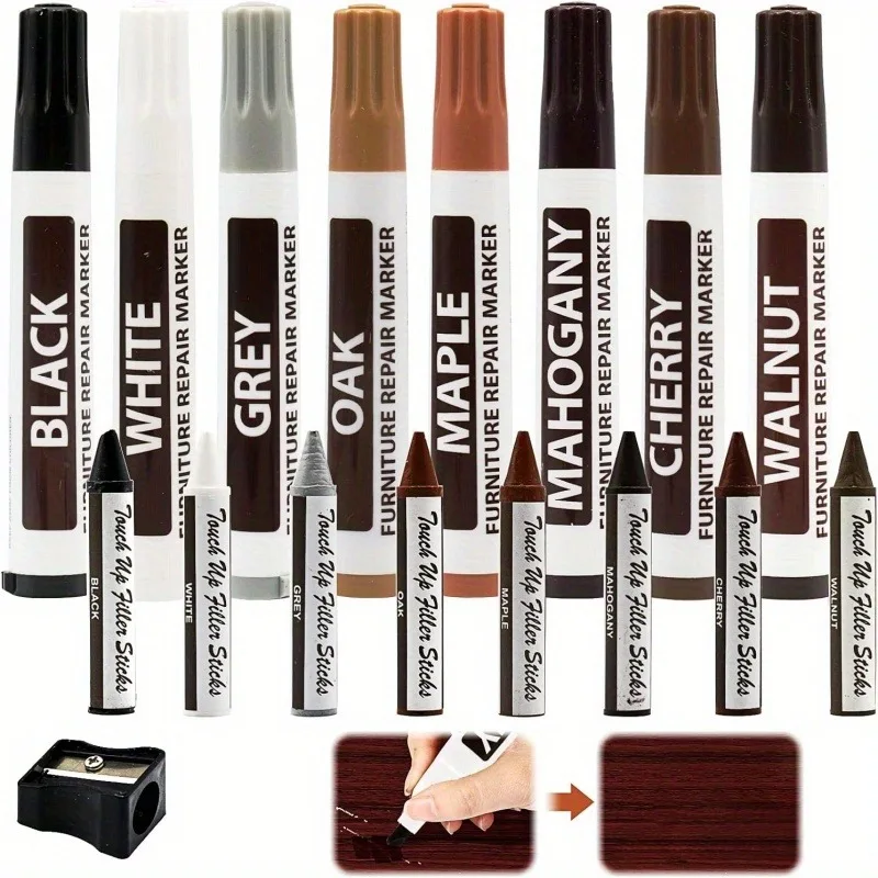 17PCS Wood Furniture Repair Kit 8 Colors Markers Wax Sticks With Sharpener For Wooden Floor Table Laminate Scratch Repair