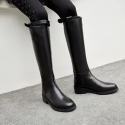 Genuine leather women riding boots buckle strap knee boots equestrian boot