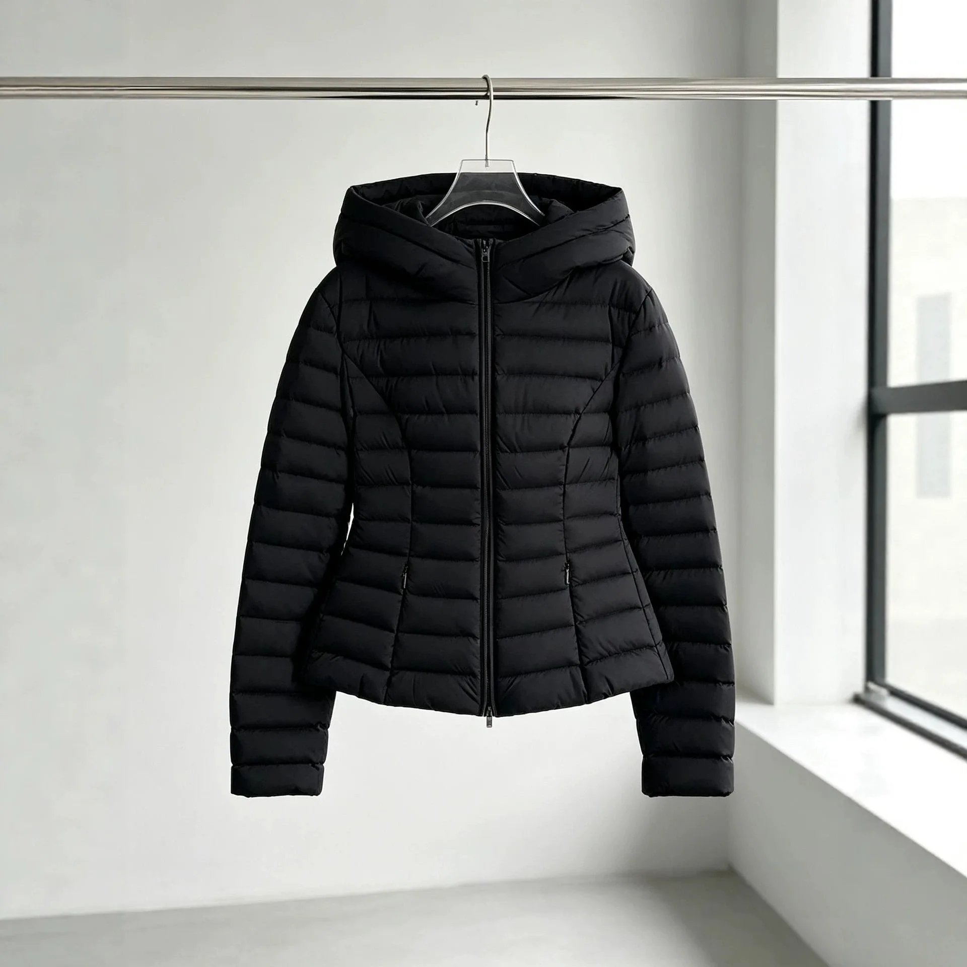 Winter White Duck Down Lightweight Outwears Women Hooded Pork Rib Style Slim Down Jacket Female Double Zipper Warm Parker Jacket