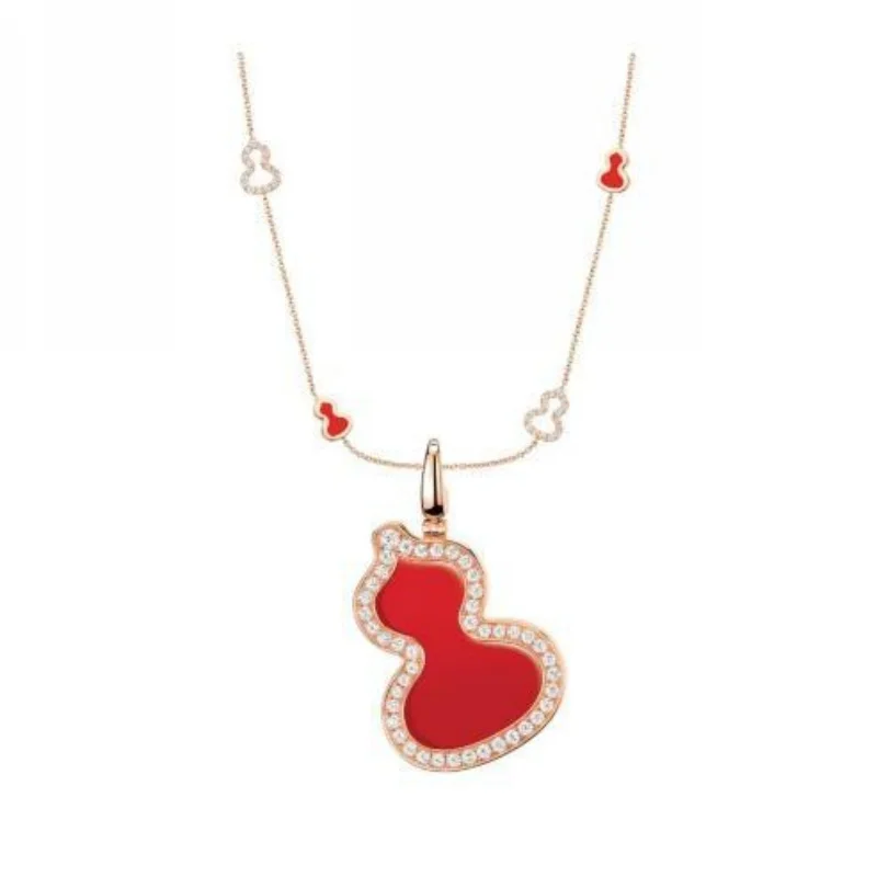 

Rose Gold Gourd Pendant Necklace with Large Red Agate Center, Diamond Halo and Mixed Mini Wulu Charms
