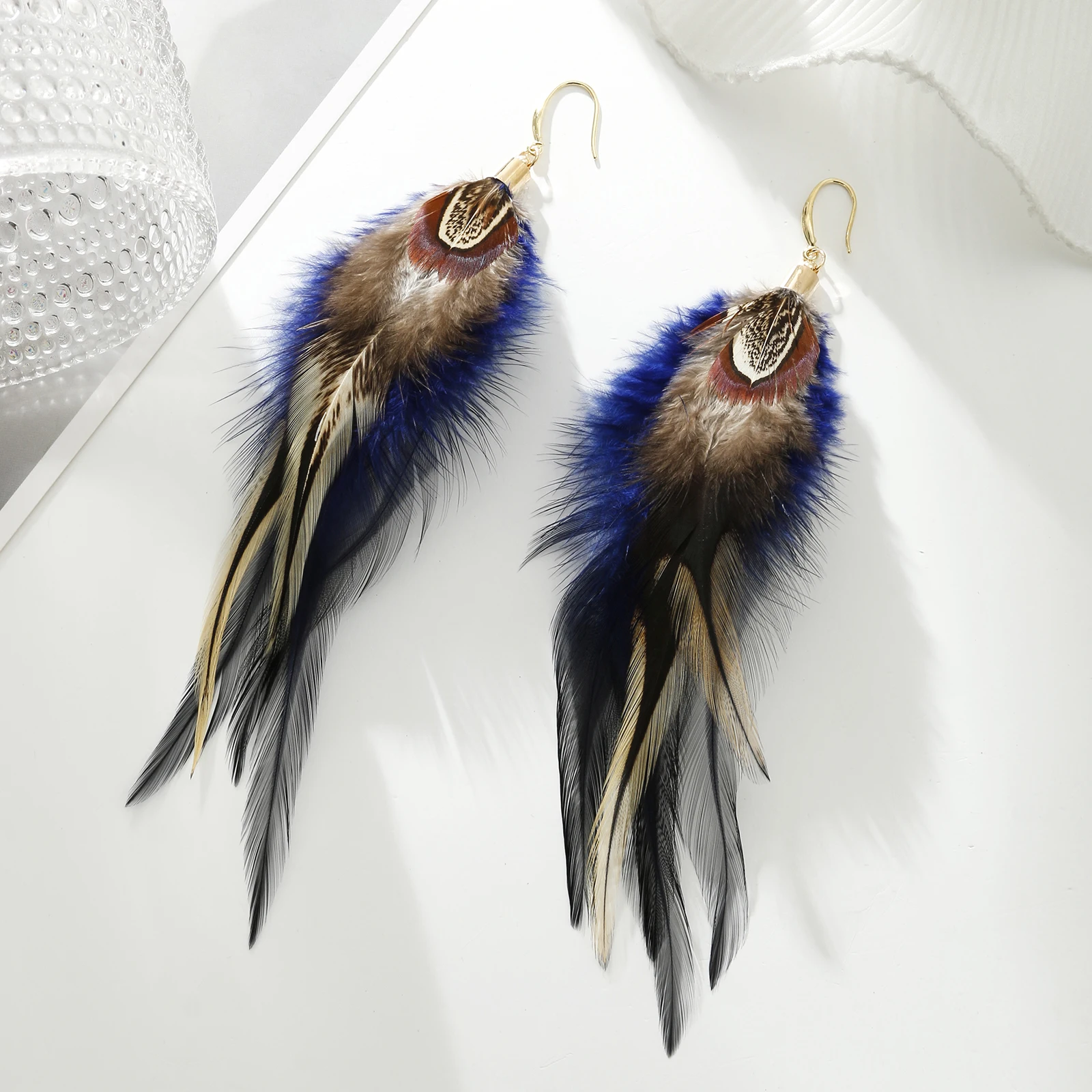 lureme Bohemian Style Multicolor Pheasant Feathers Dangle Earrings for Women Girls Large Feather Drop Earrings(er006405-3)