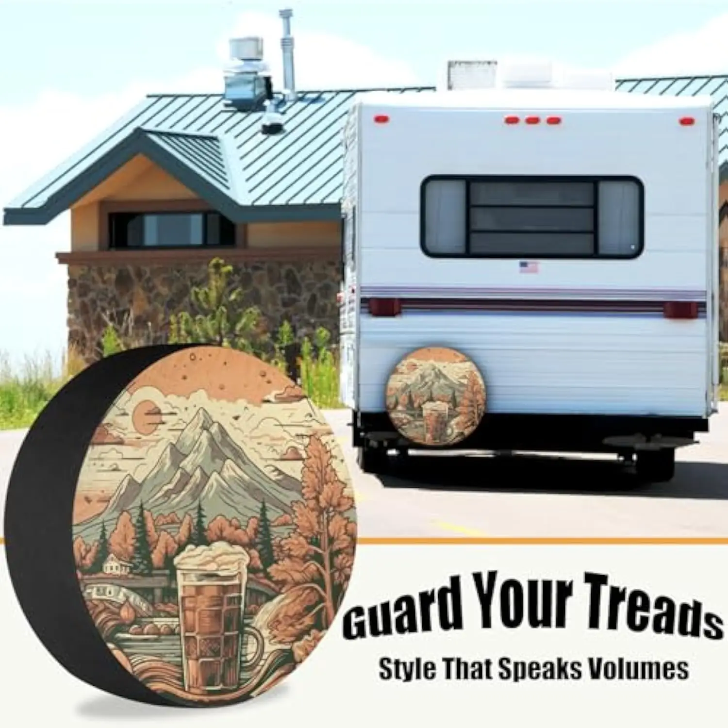Mountain Beer Mug Landscape Thick Spare Tire Cover Polyester Weatherproof RV SUV Hikign Adcenture Outdoor