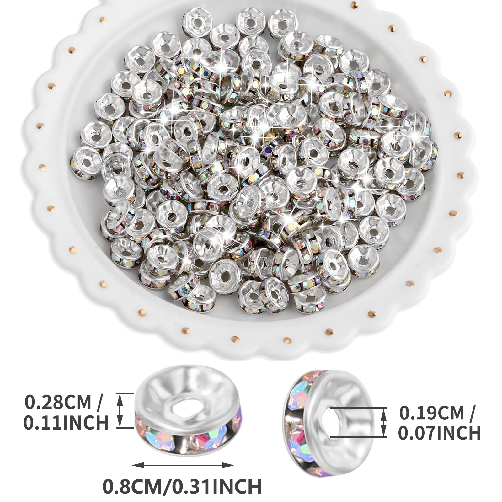 50pcs 8mm Color Flat Circular Inlaid Water Diamond Loose Spacing Beads, DIY Bracelet, Jewelry Making, Clothing Accessories
