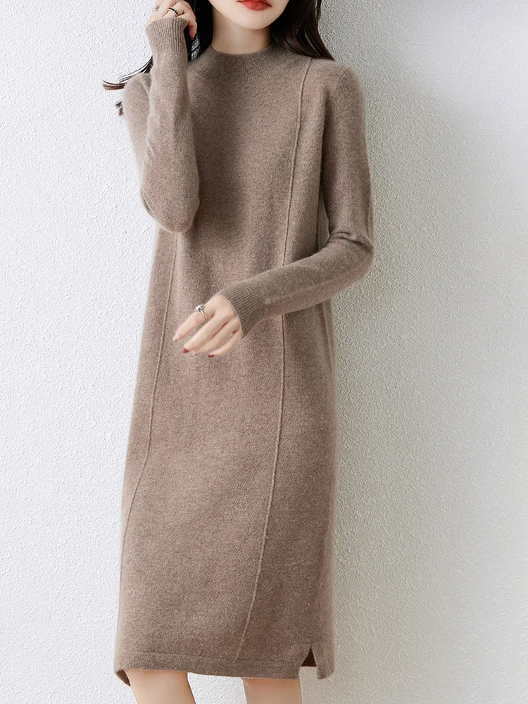 

2024 New Women's Long Dresses 100% Merino Wool Autumn Winter Half High Collar Pullover Sweater Skirt Cashmere Knitwear Dress