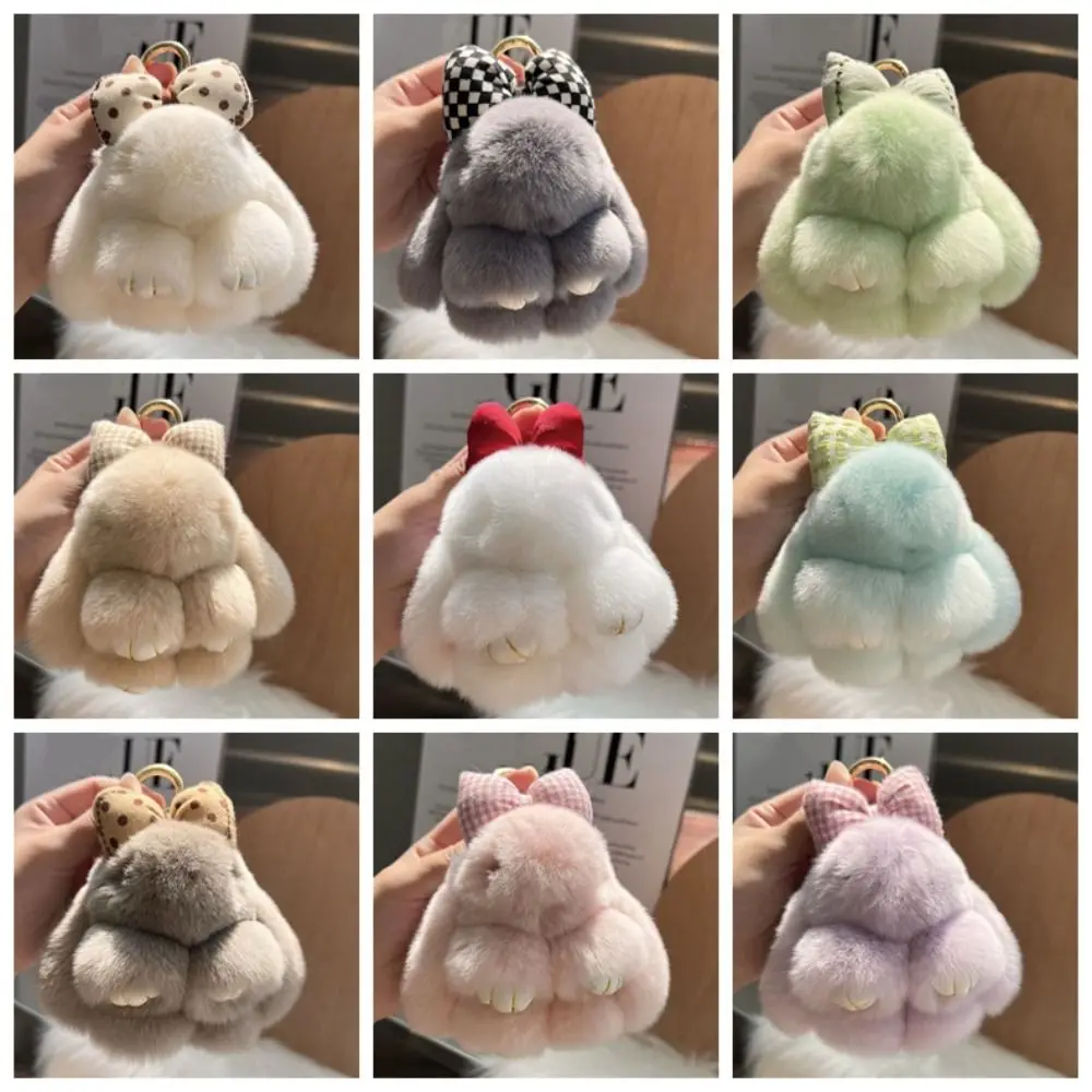 Hair Bow Rabbit Fur Keychain Pompoms Cute Fluffy Bunny Keychain Plush Dolls Bag Charm Plush Rabbit Key Ring Car Key Chain view 5
