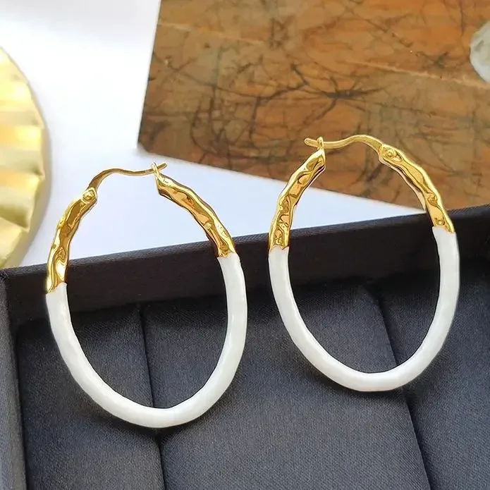 

Designer Simple White Gold Enamel Hoop Earrings Women Luxury Jewelry Party Runway Trend