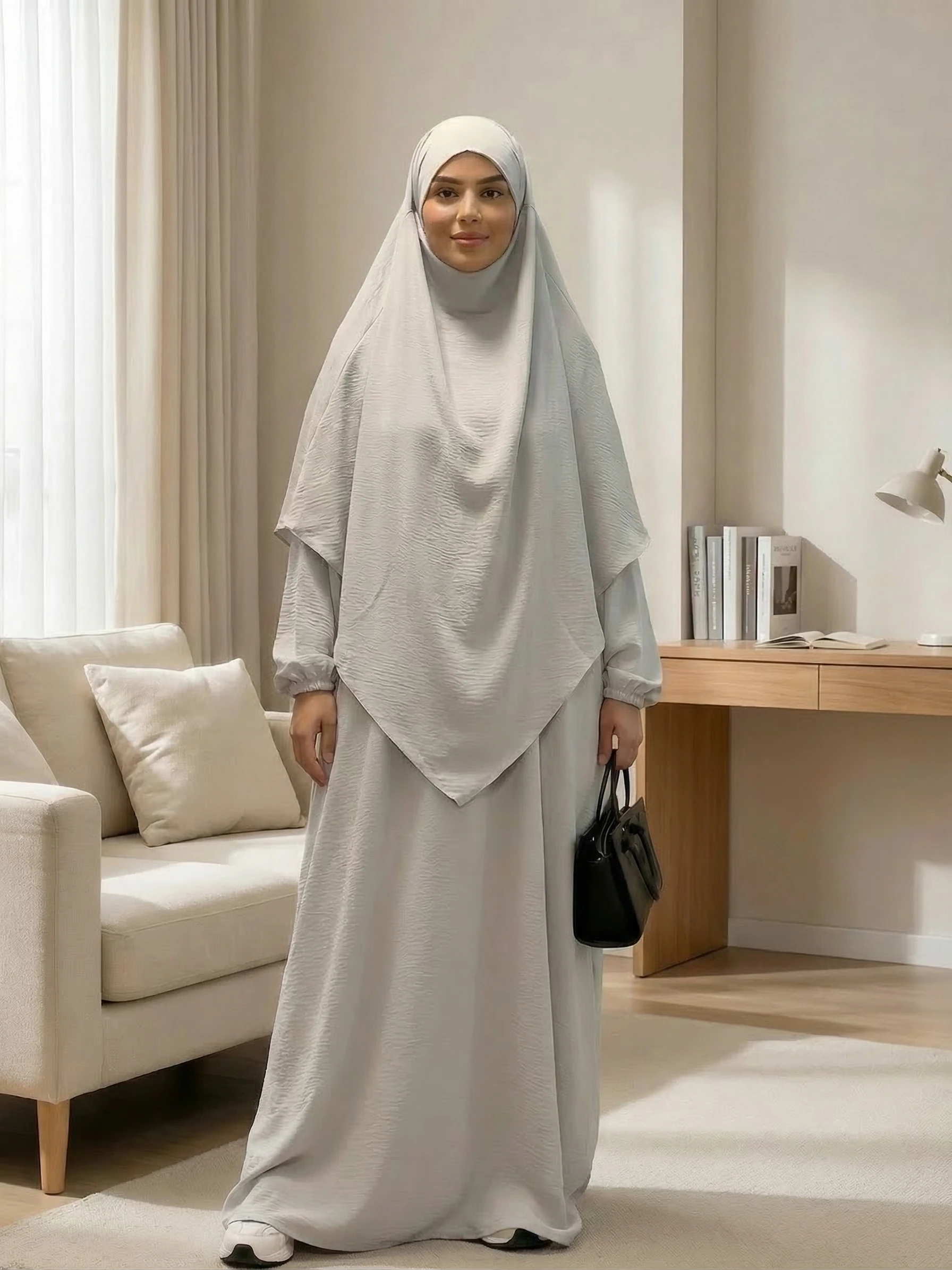 

Однотонный молитвенный комплект-абайя из 2 предметов | Мусульманский женский кафтан с открытым передом и подходящим хиджабом