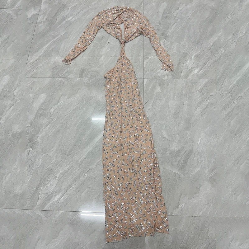 Robe transparente à manches longues avec strass argentés scintillants pour femmes, Costume de fête découpé, robes de soirée, tenue XS6025