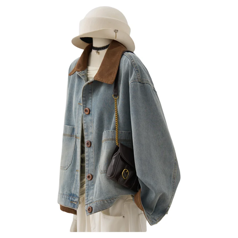 

Women's Oversized Denim Jacket with Corduroy Collar Loose Fit Vintage Jean Coat Fall Spring Casual Jacket