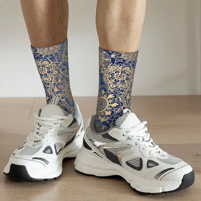 Chaussettes à motif de mandala imprimé bleu et or Kawaii pour hommes et femmes, chaussettes extensibles, chaussettes d'équipage de fleurs bouddhistes, été, automne, hiver