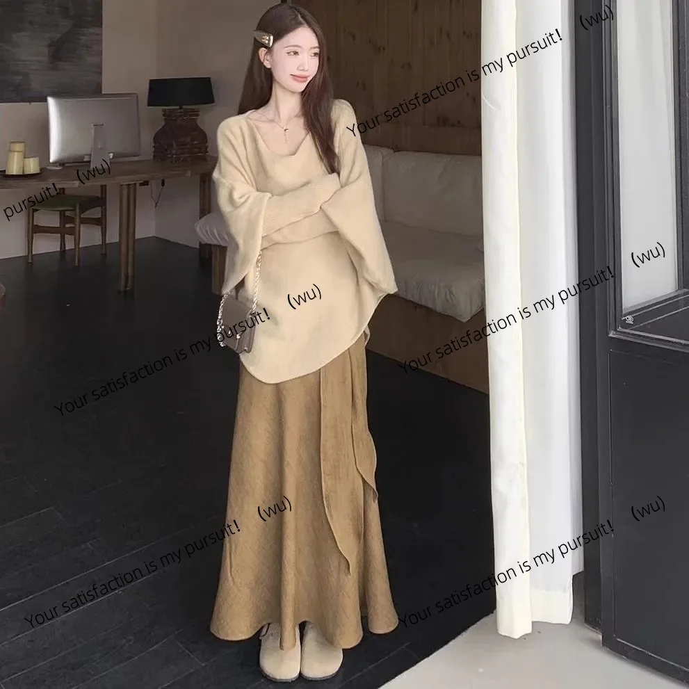 

Ленивый ветер с рукавами «летучая мышь», свободный вязаный свитер с длинными рукавами, атмосфера, юбка-стример, женский весенний новый модный костюм