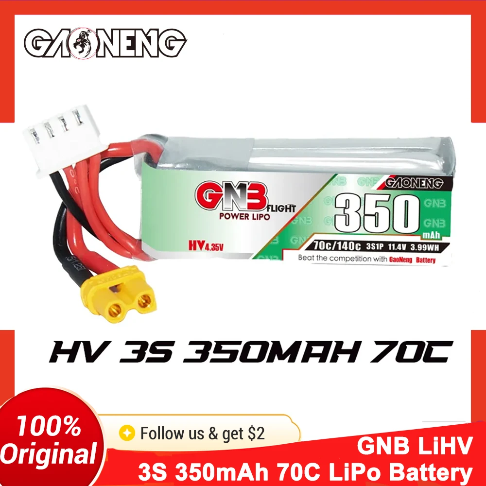 Gaoneng GNB 350mAh 3S 70C LiPo Battery 11.4V XT30 for size 90-130mm Brushless Drones, Cinewhoop, Small Heli, Mini Micro FPV