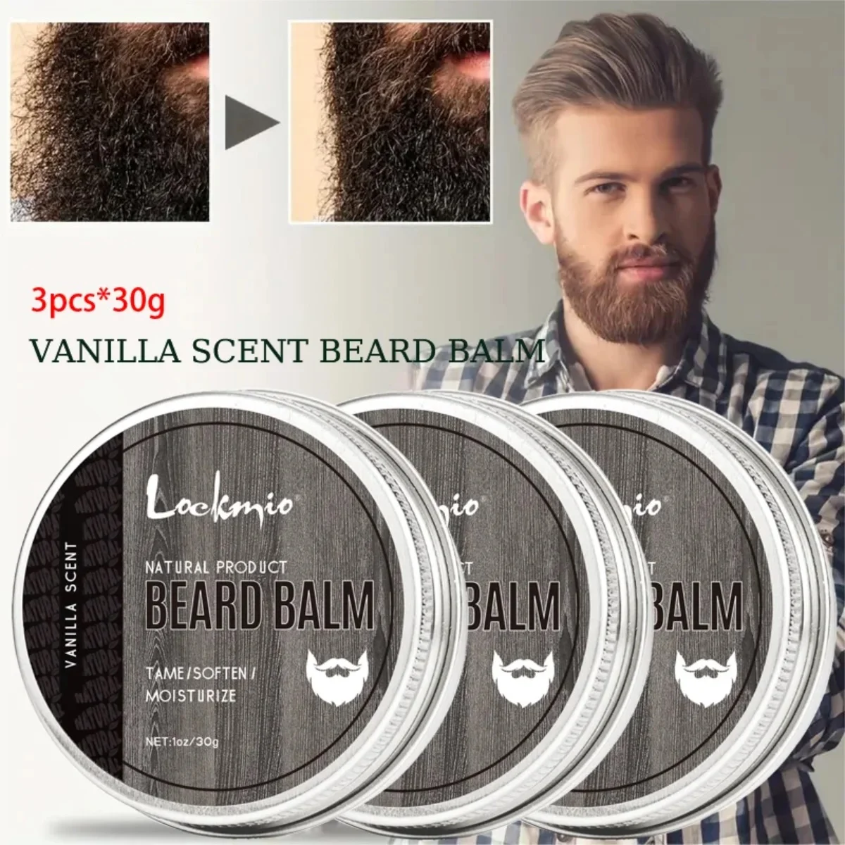 3pcs/set Men Natural Shea Beard Balm Vanilla Scent Beard Wax Anti Frizz Split Ends Moisturize Smooth Soften Mustache Oil Cream