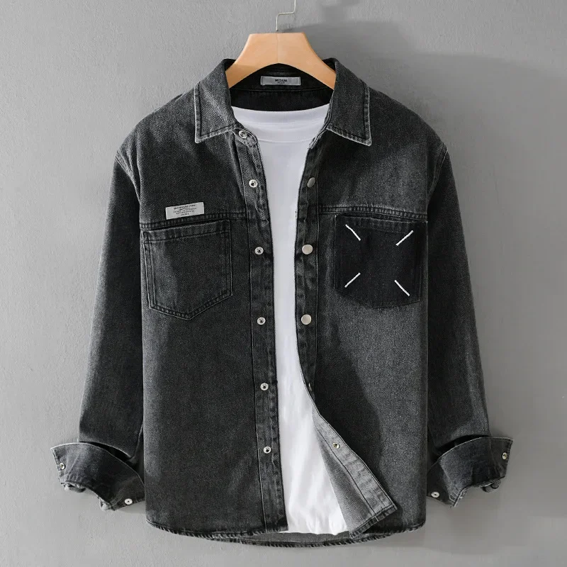 Spring and Fall New Long-sleeved Denim Shirt, 2024 Men's Casual Vintage Shirt, Loose Patchwork Designer Youth Fashion