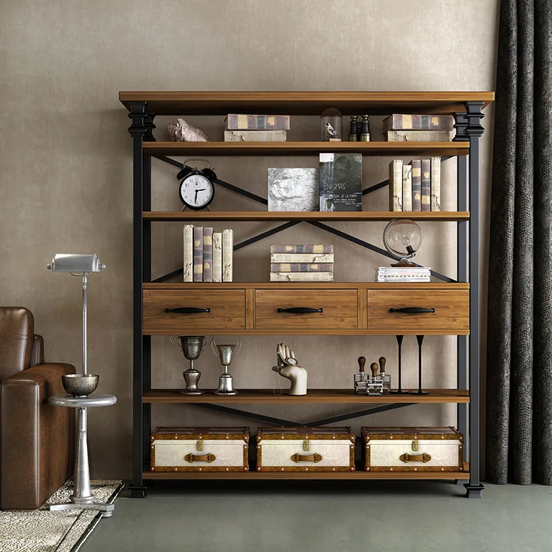 

Spot American Shelf Retro Wrought Iron Bookshelf with Drawer Storage Rack Residential Display Rack Solid Wood Display Rack