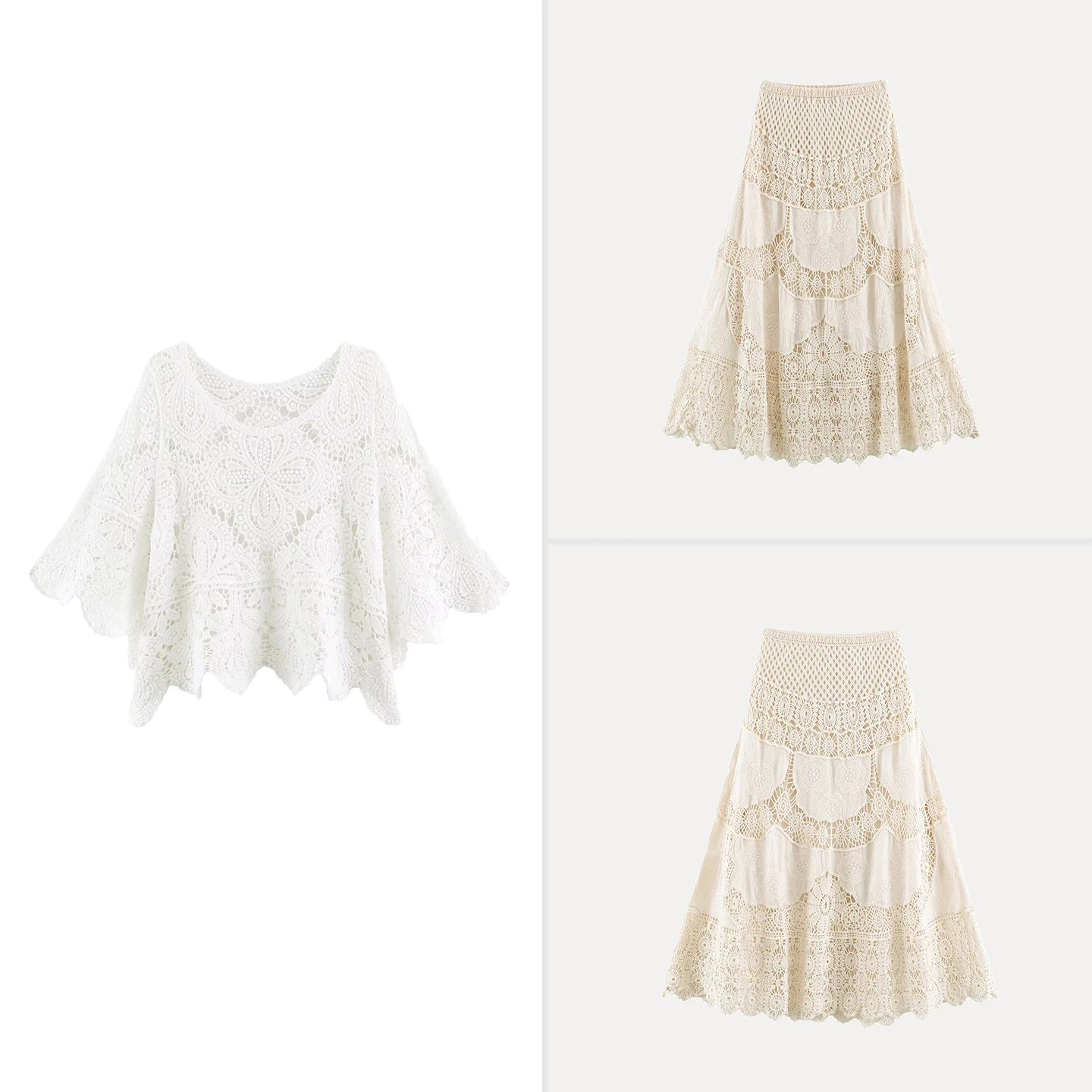 

Fashionable Lace Batwing Splice Half-length Skirt Women's Summer New Arrival ZADATA Brand Two-piece Set Other Fabric Unique D...