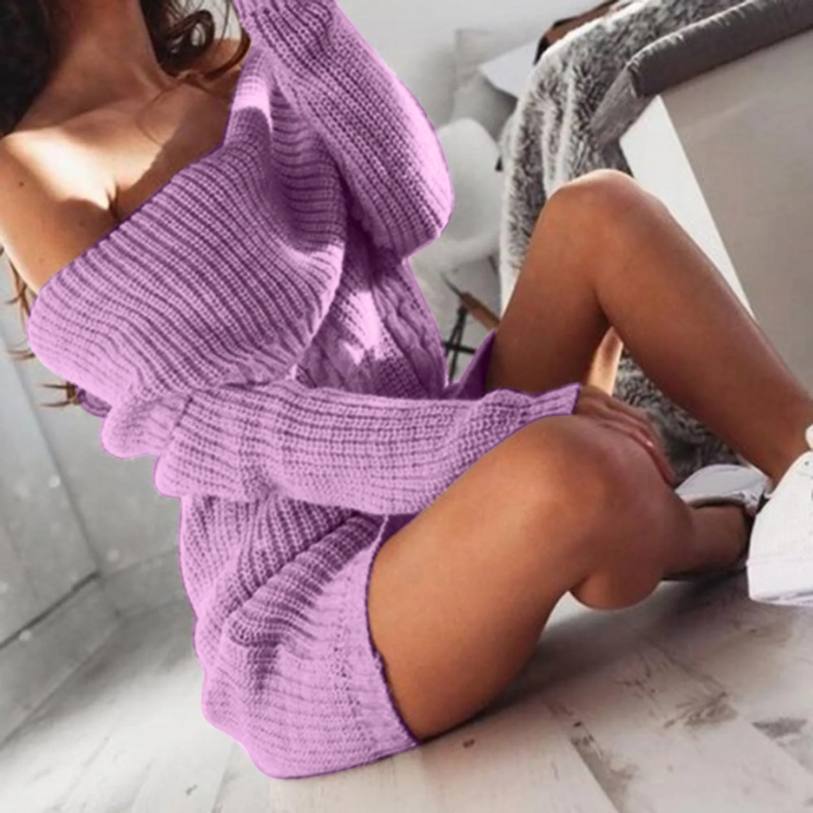 Sweater Dress Women\'s Autumn Winter Fashion High Neck Knitted Sweater Dress Casual Solid Color Loose Long Sleeve Warm Dress