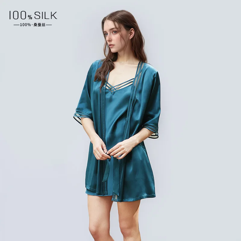 

19MM 100% Mulberry Silk Robe Gown Kimono 2pcs Set Sexy Sleepwear Lace Up Womens Bathrobe Sling Nightdress Lingerie Sleepwear PJS