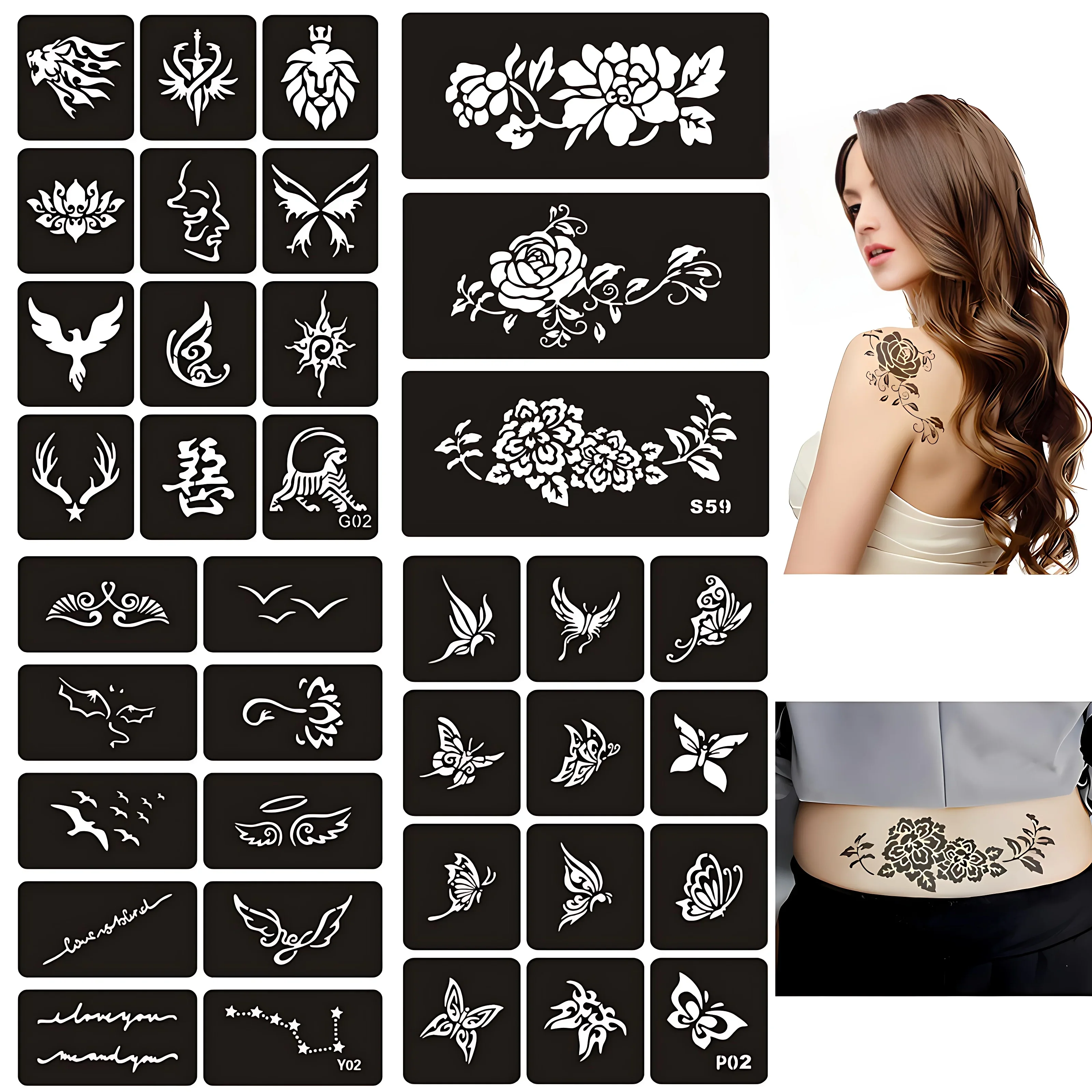 Henna Glitter Tattoo Stencil Reusable Tiny Rabbit Pirate Cross English Letter Chinese Lion for Adults Teens Airbrush Stencils