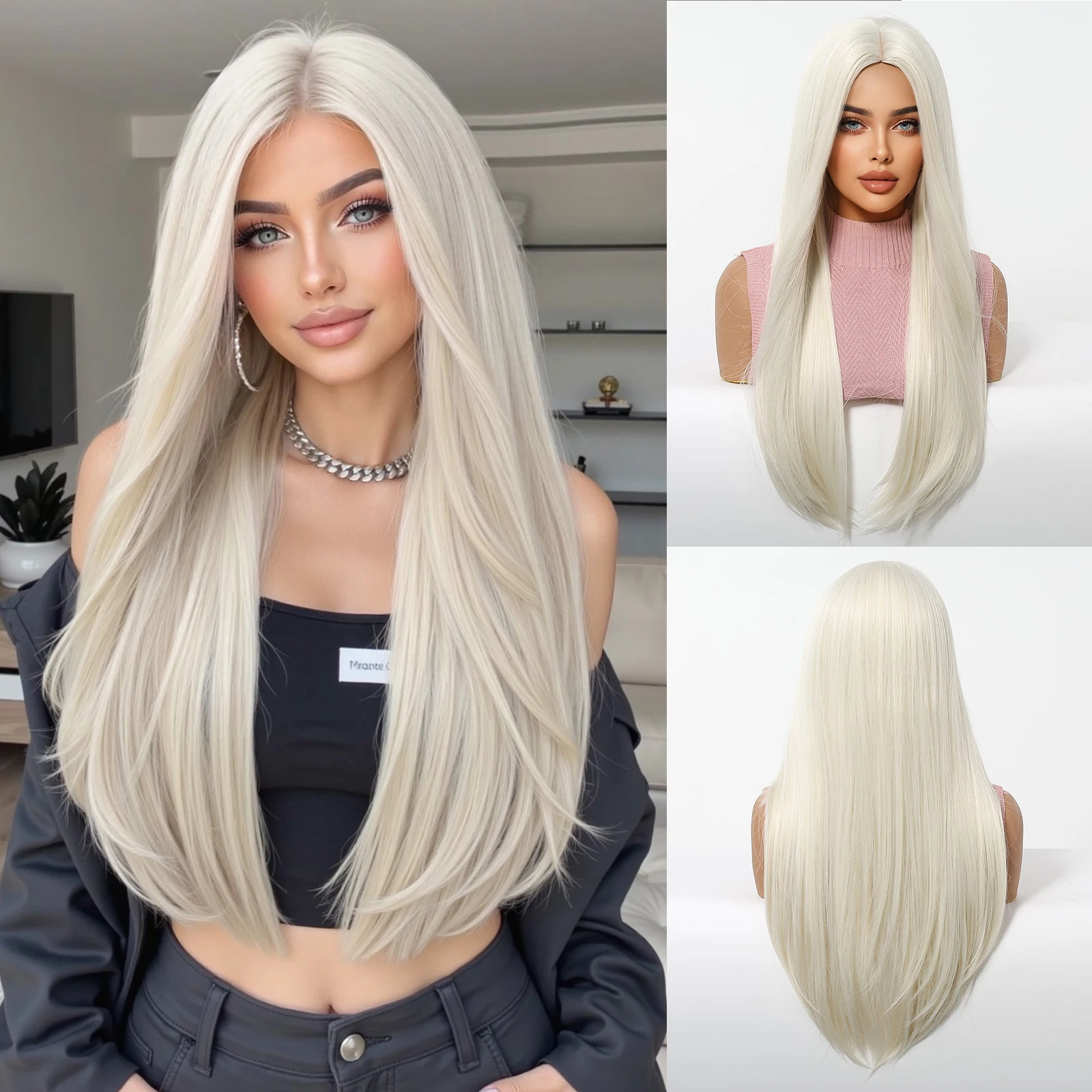 

Бежевые модные синтетические парики, длинные прямые многослойные накладные волосы для женщин, повседневное использование для вечеринок, термостойкое волокно, естественный вид