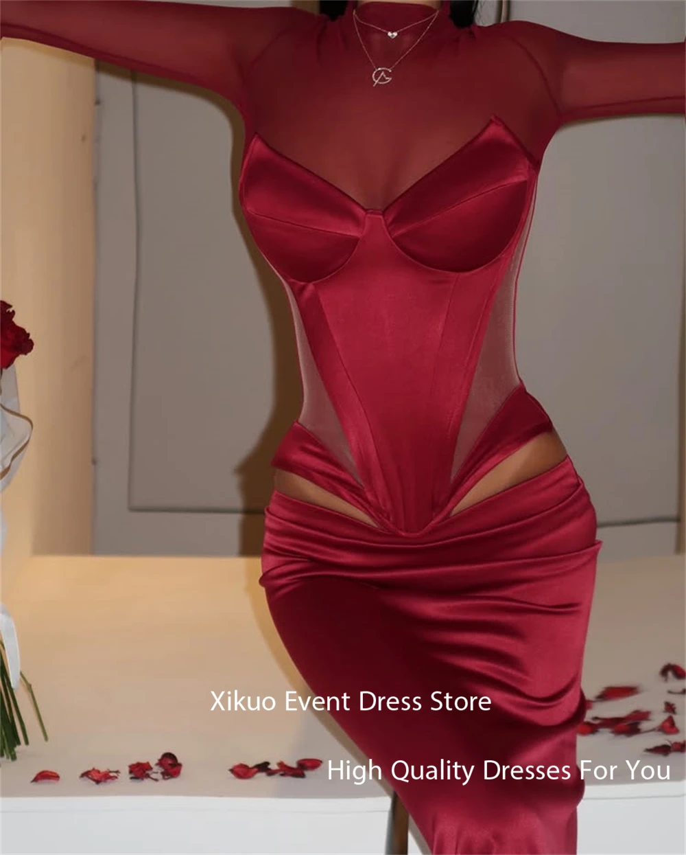 Xikuo バーガンディサテンロング女性のイブニングドレスイリュージョンフルスリーブローブ · ド · ソワレファムマーメイドウエディングパーティードレスカスタマイズ