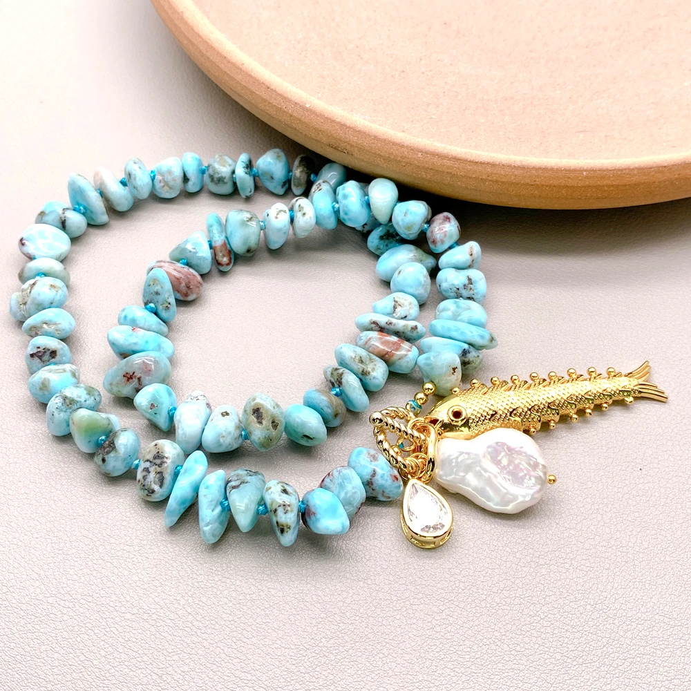 

Y·YING Blue Larimar Strand Necklace White Coin Pearl Copper Fish Pendant Gemstone Bohemia Jewelry
