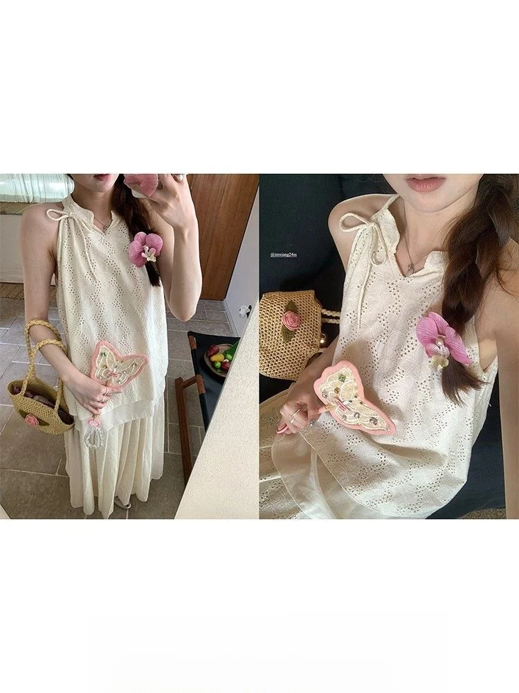 

Летний женский комплект Imxiang: топ с вышивкой и плиссированная юбка, модный костюм-двойка из смесового хлопка