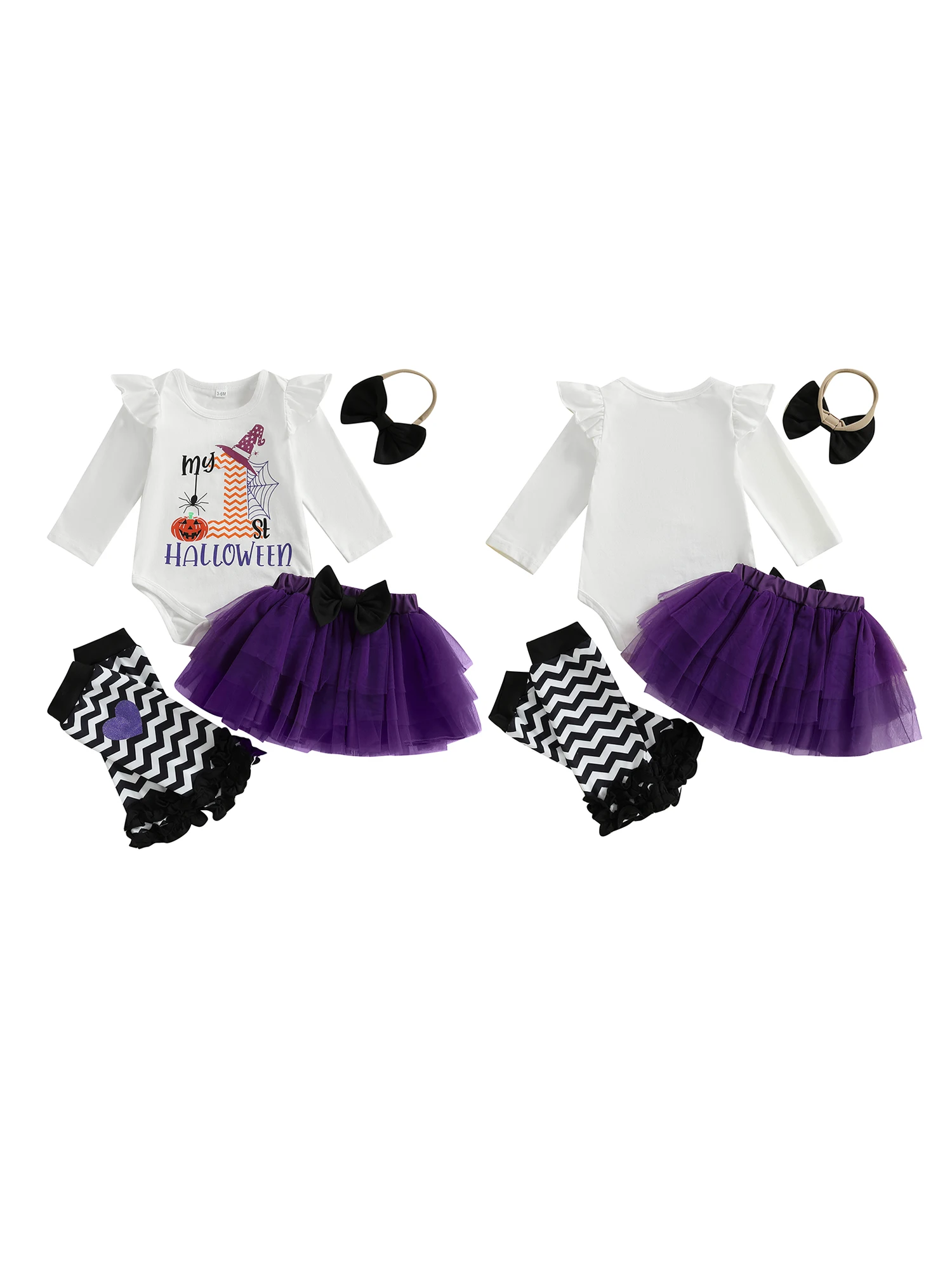 

Toddler Halloween Costume Set with Number Print Long Sleeve Jumpsuit Tutu Skirt Bow Headband and Leg Warmers for Baby Girl