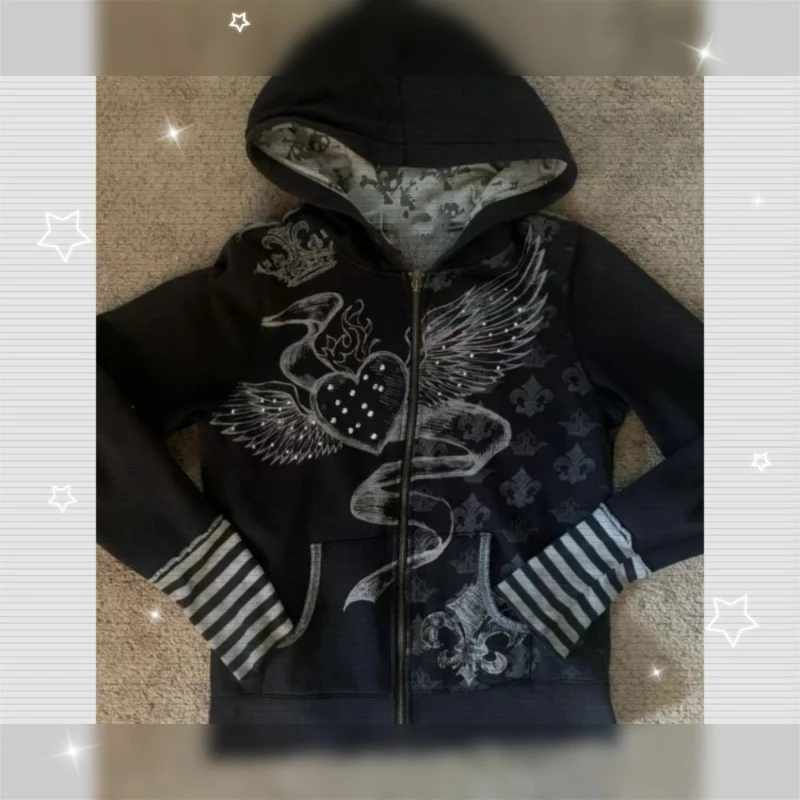 

Harajuku Y2k Long Sleeve Jacket Hooded Women Casual American Vintage Coat Patchwork Striped Print Zipper Sexy 2025 Autumn