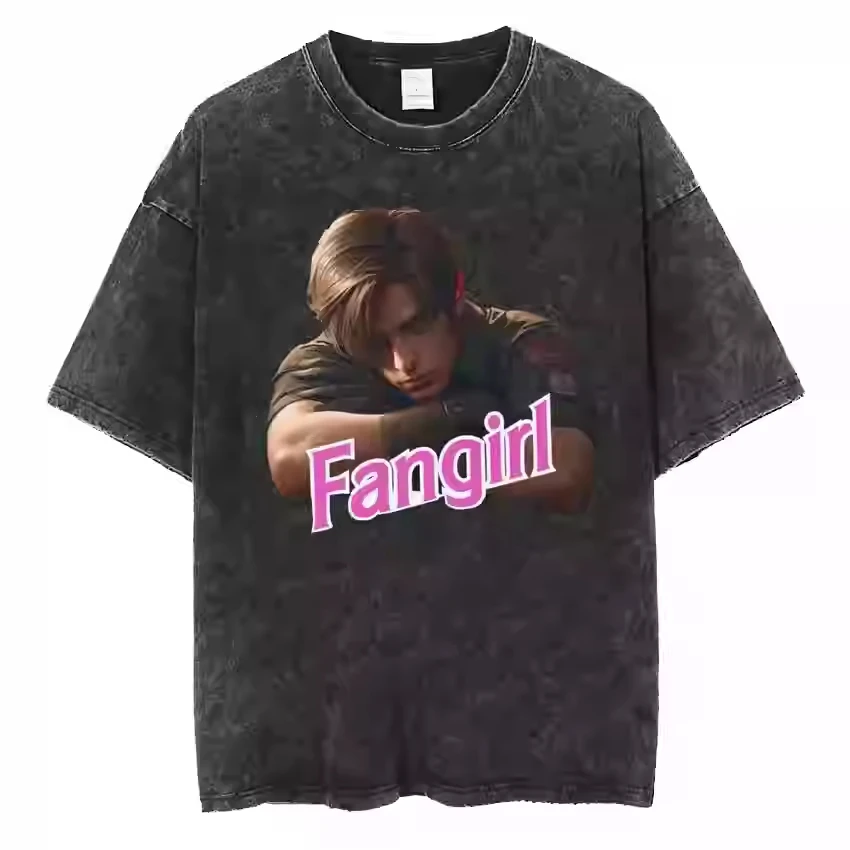 

2025 Leon S Kennedy Resident Evil FANGIRL Washed T-shirt Vintage 90's Movie High Quality Luxury Brand Sells Popular Styles