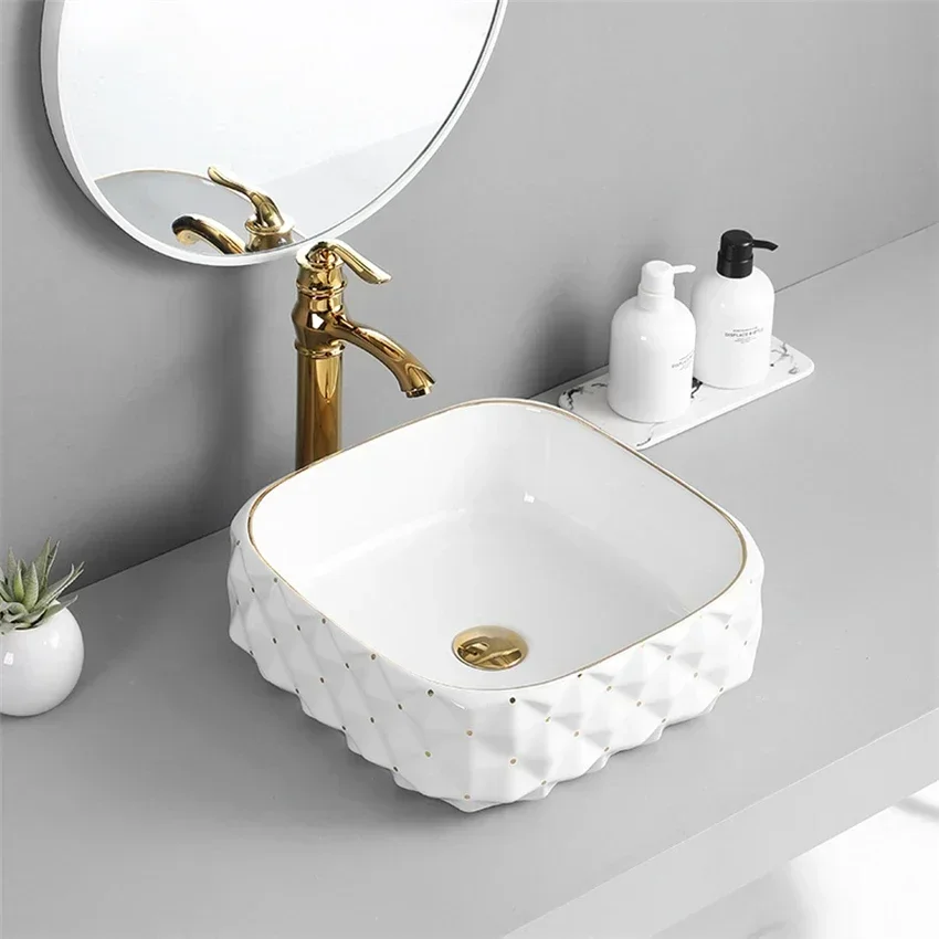 Integrated Ceramic Tabletop Basin Electroplated Washbasin Light Luxury Household Hotel Engineering Art Wash Basin 400*400*150mm