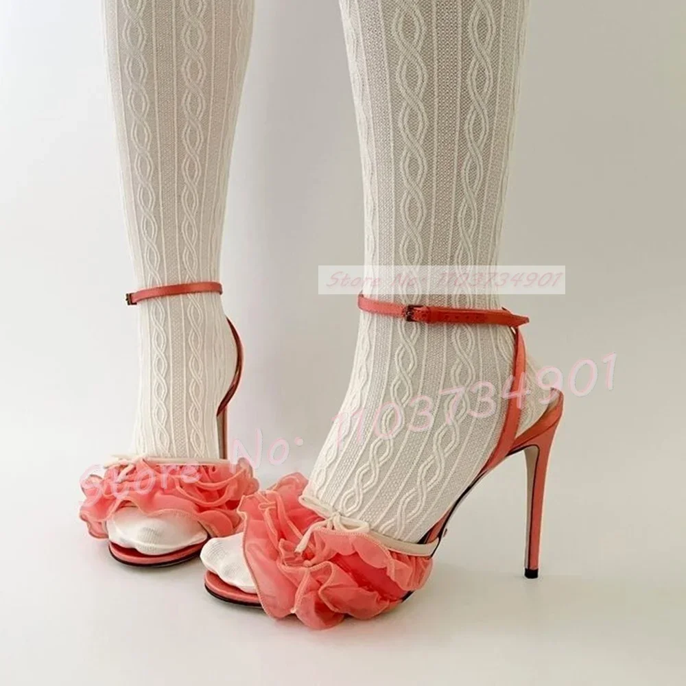 Pink Tulle Ruffle Mid Heel Slingback Sandals Women Elegant Flower Thin High Heels Shoes Ladies Fashion Open Toe Satin Sandals