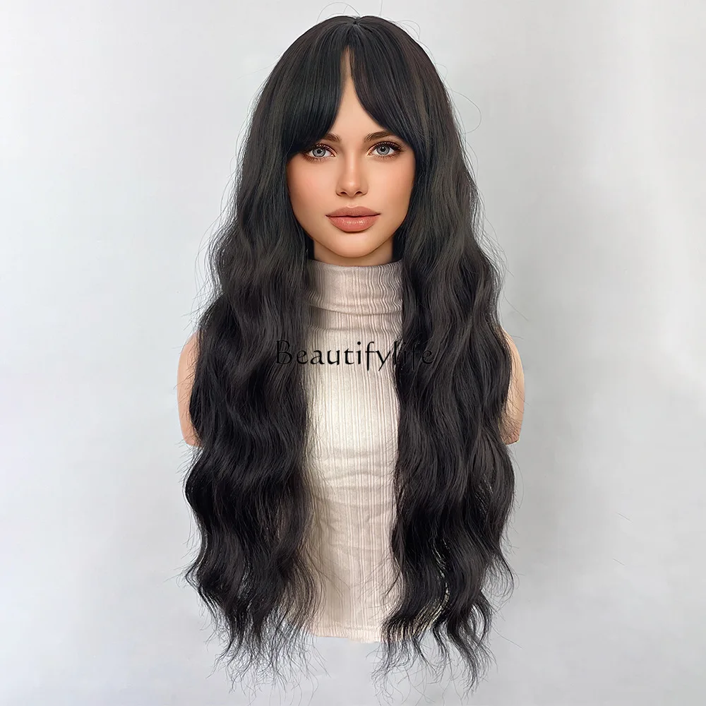 71.12 cm black brown long curly hair wig slanted bangs synthetic