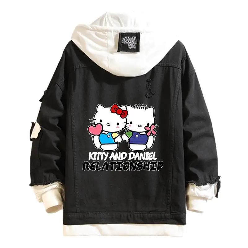 Anime Cartoon Sanrio Hello Kitty Cowboy Coat Fashion Kawaii Spring Autumn Couple Cute Loose Hooded Denim Jacket Couples Dress