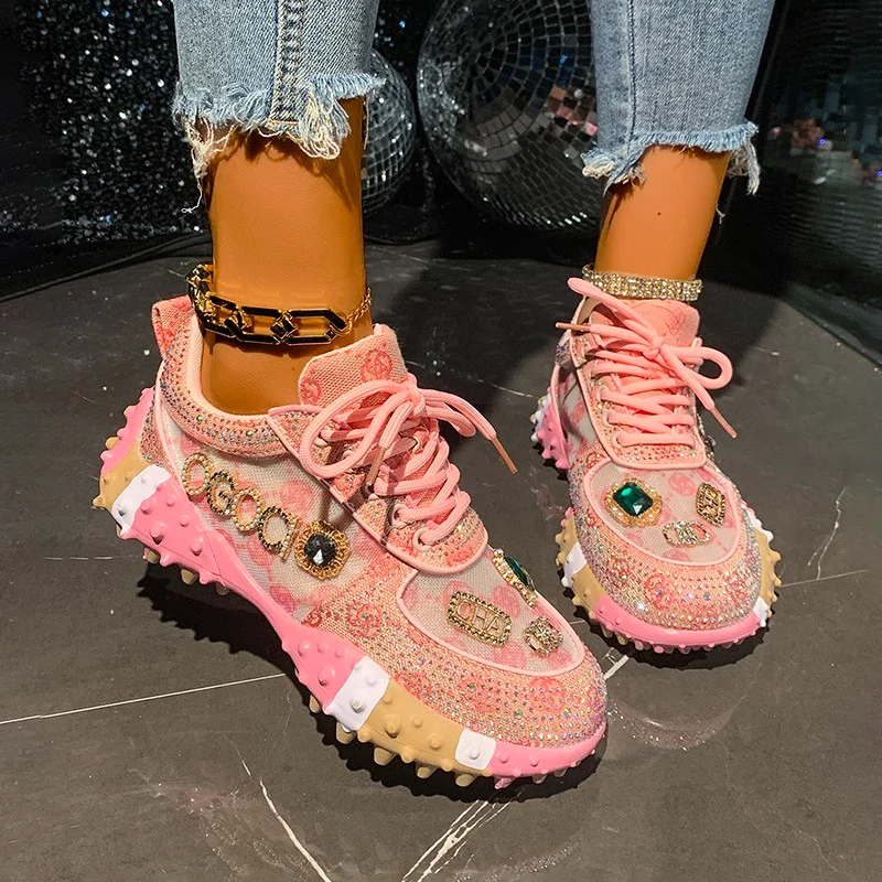 

Thick-soled Lace-up Multi-color Rhinestone Luxury Sneakers Comfortable Anti-slip Breathable Casual Running Shoes Designer Shoes