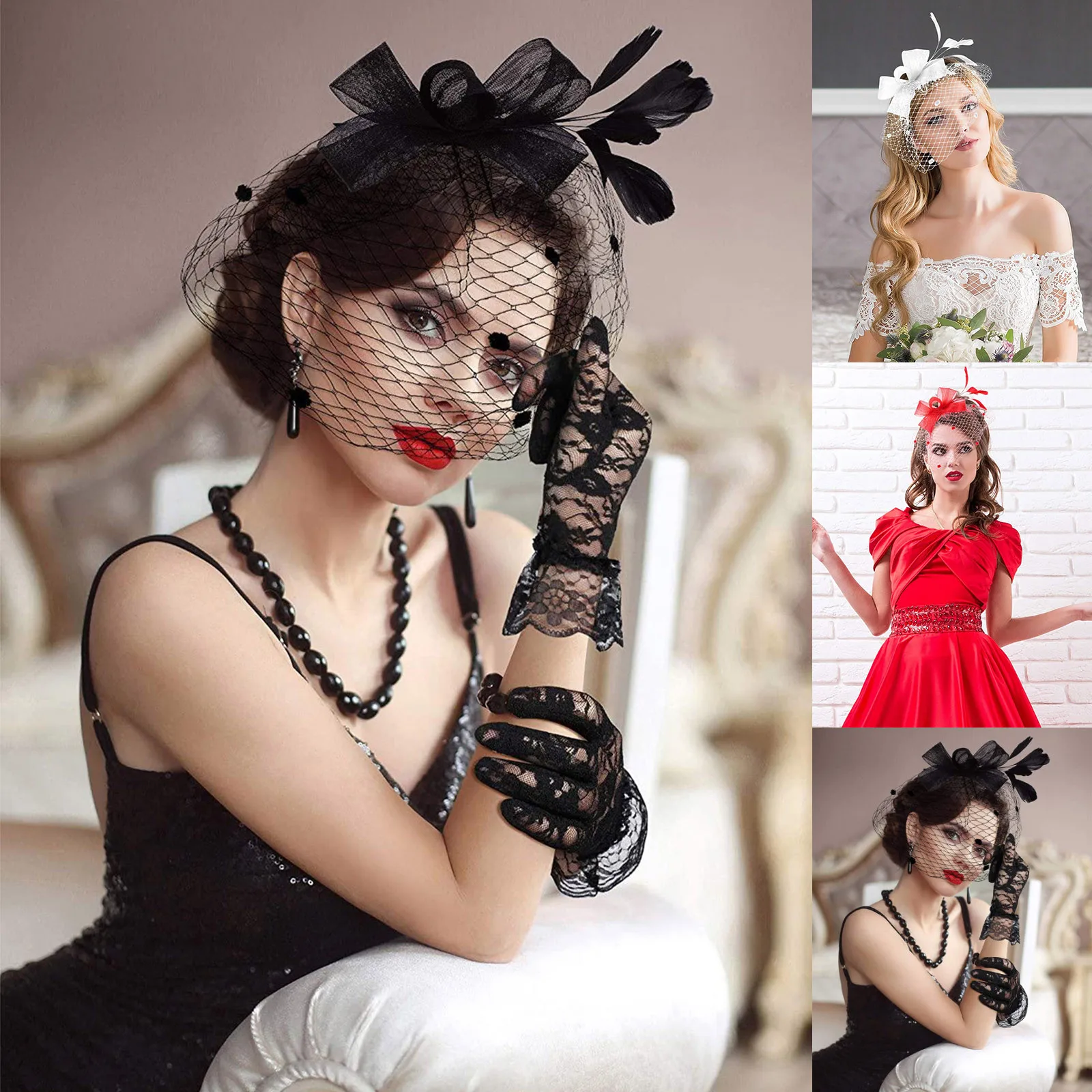 

Yin Hair Clip Hat Tea Gloves Mesh Short Party Bowknot Feathers Lace For Cocktail Headband Hair Clip Fascynator Do WłOsóW