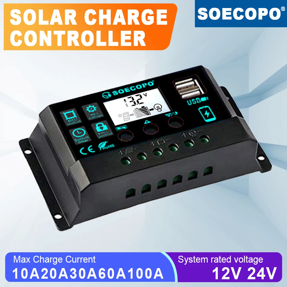 

SOECOPO 12V/24V Auto Switch 10A - 100A Solar Charge Controller LCD Display Overcharge Short Circuit Protection RV Boat Camping