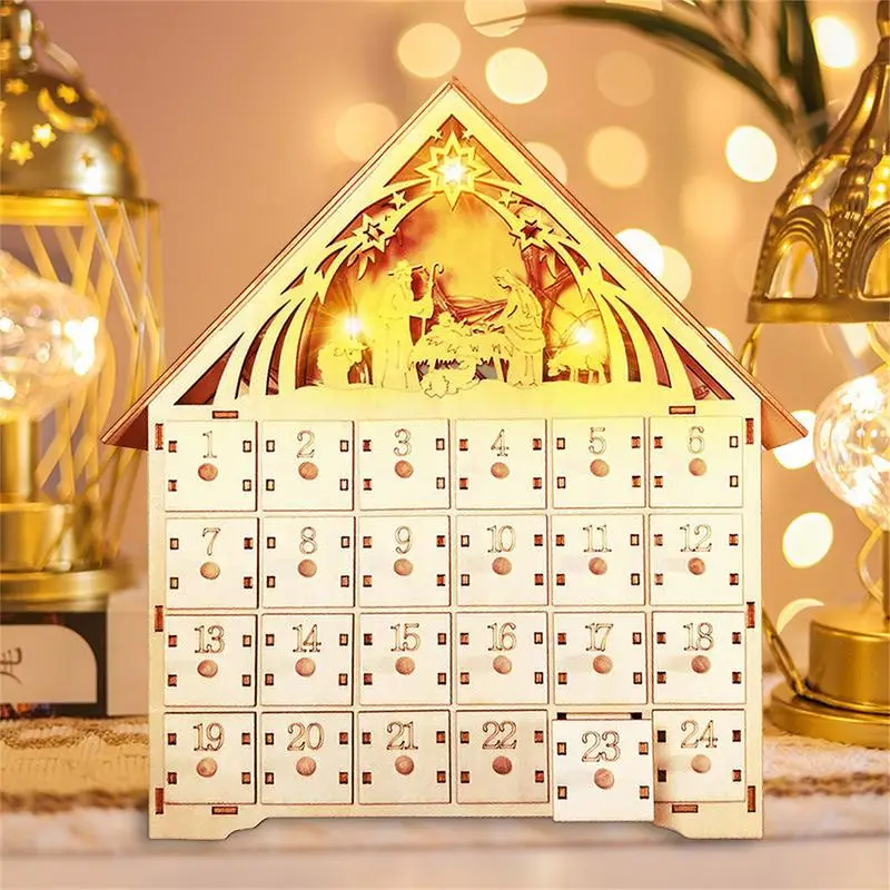 Christmas Wooden Advent Calendar House Light Up Calendar Gift LED Lighted Advent Calendar With 24 Drawers Countdown To Christmas - Image 2
