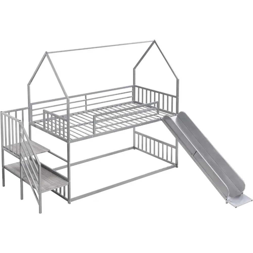 Twin Over Twin Size Metal Bunk Bed with Stairs, House-Shape Bunk Bed with Slide, No Noise,House Bed Frame for Kids