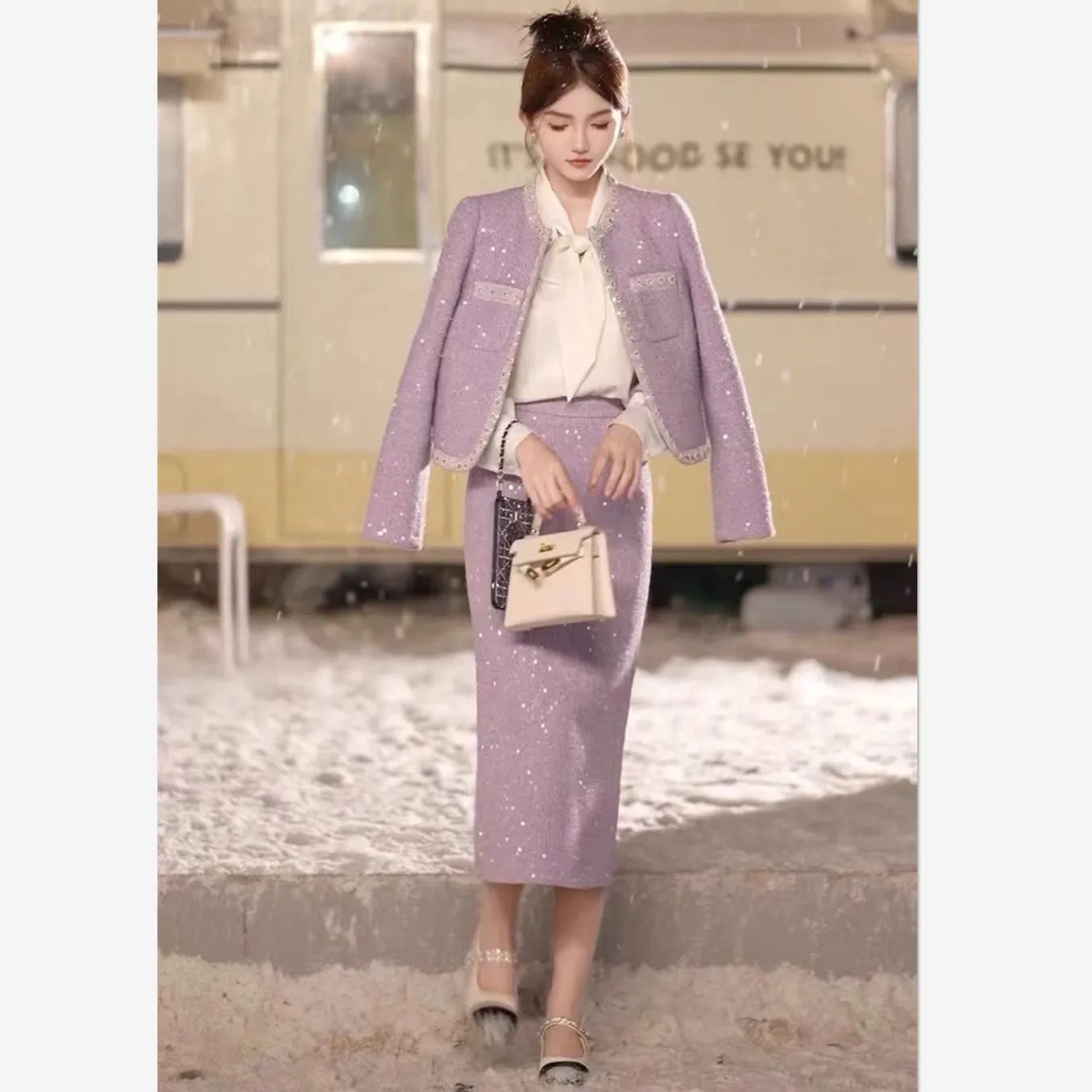 Traje coreano con lentejuelas y pequeña fragancia para mujer, chaqueta de Tweed de retales con cuello redondo + falda Midi ajustada de cintura alta, conjunto de 2 uds 842P