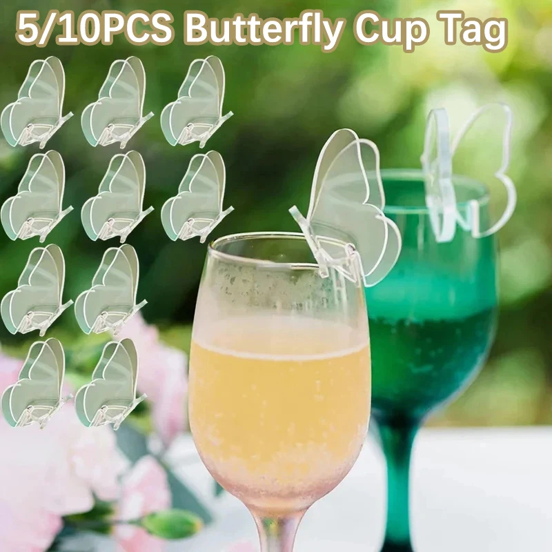 5/10Pcs Butterfly Wine Glass Decoration Acrylic Tags Cocktail Glass Cup Label Wedding Drink Tag Birthday Party Decor