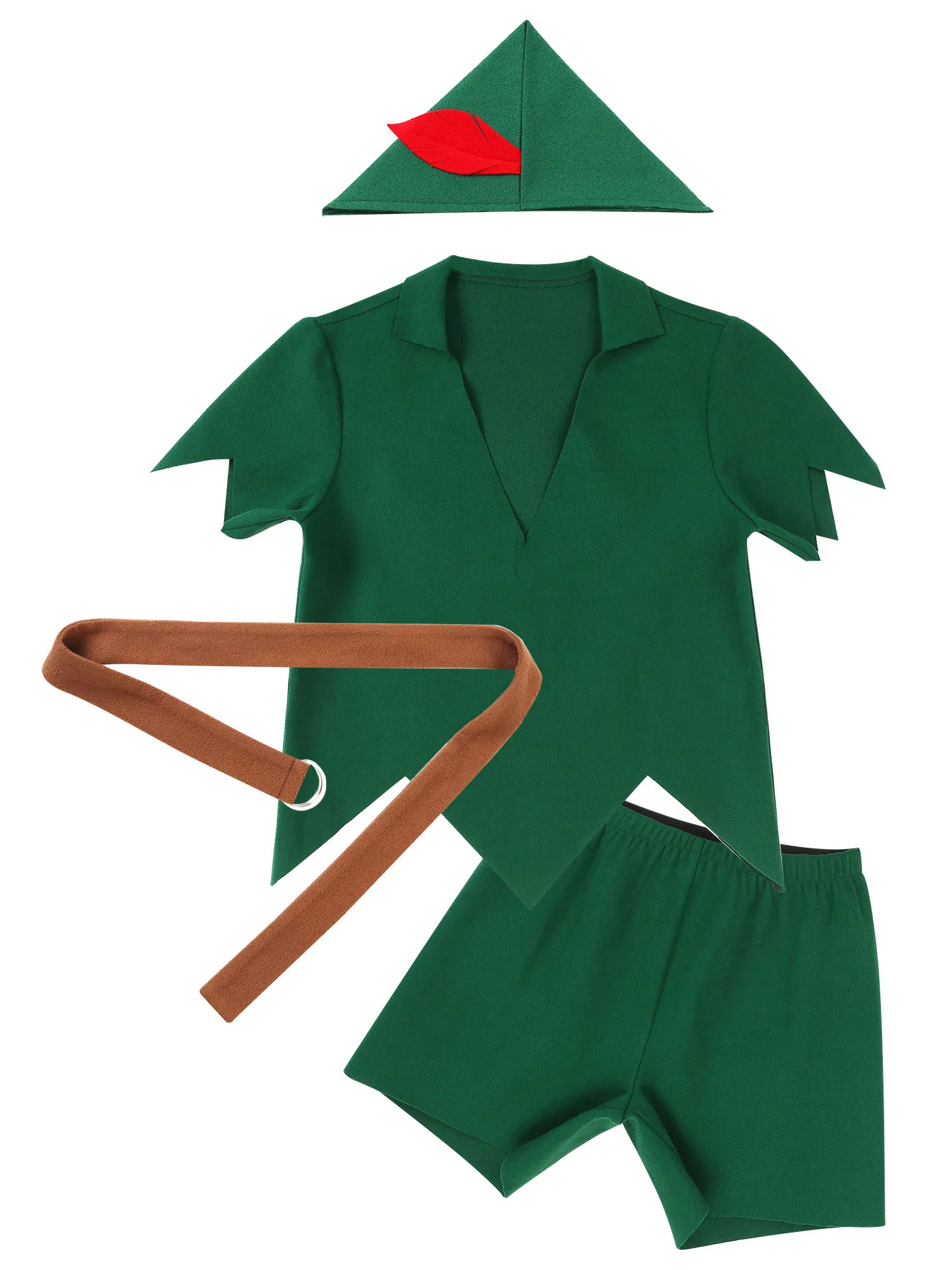 Mens Christmas Elf Costume Halloween Carnival Party 4Pcs Cospaly Outfit Short Sleeve Felt Shirts Tops with Shorts Pants Belt Hat