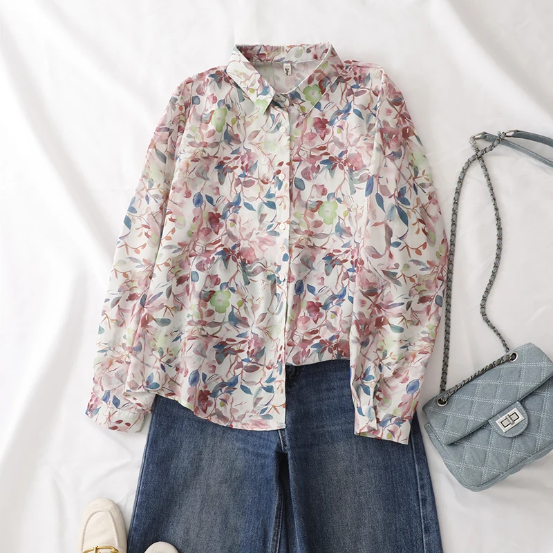 

Хлопково-льняная рубашка с синим цветочным принтом, весна-лето 2026, новая коллекция, высококачественная, женская, повседневная, в уличном стиле