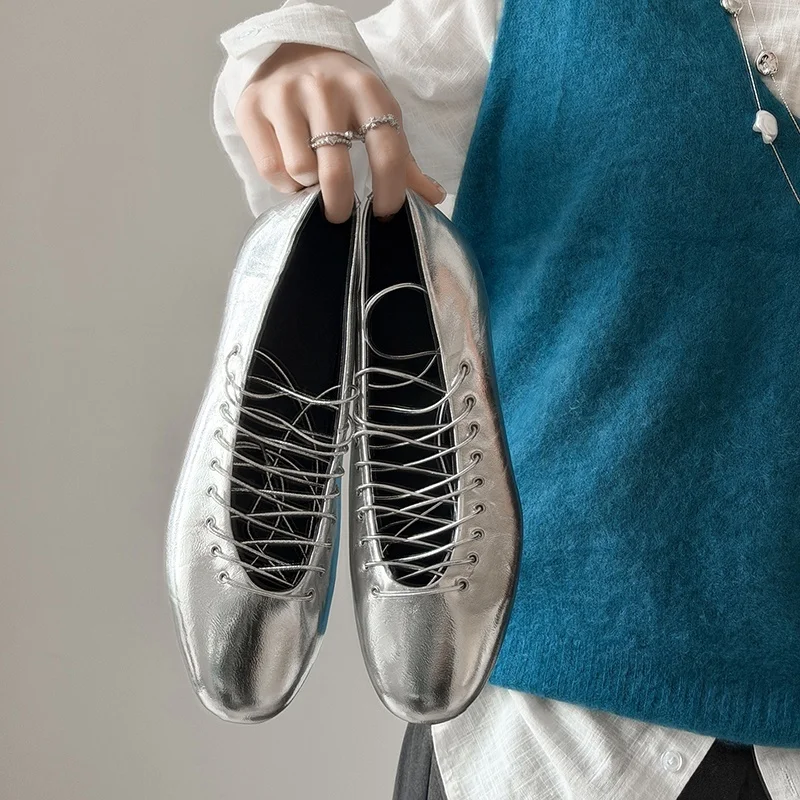 

Lambskin Ballet Flats 2026 New Versatile Crisscross Strap Round Toe Flat Mary Jane Shallow Cut Shoes for Women