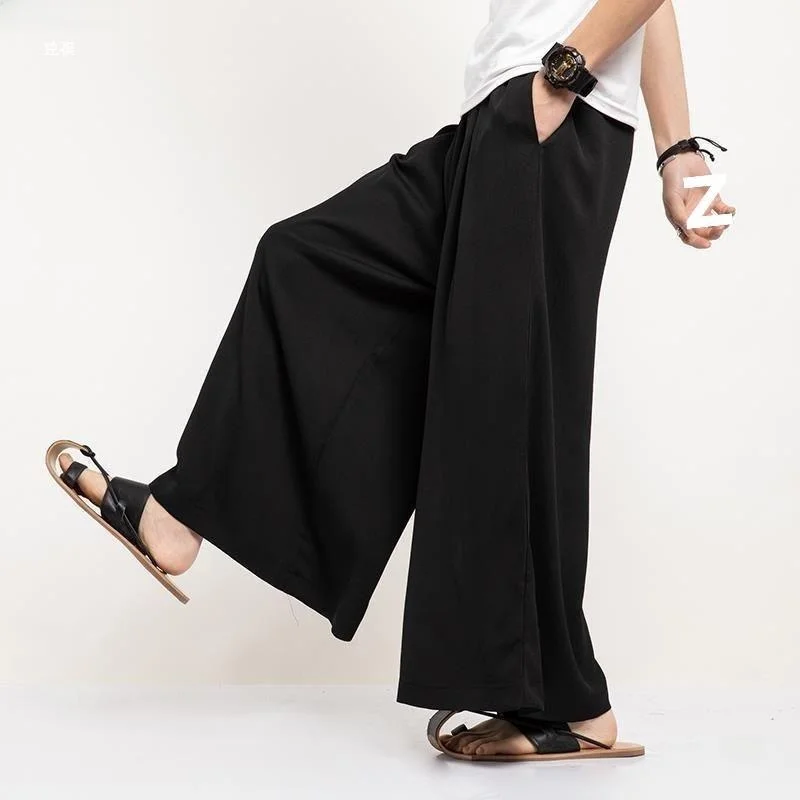 

Men's Ice Silk Wide Leg Pants Nine Points Skirt Pants Summer Vintage Dra Thin Sle Drifting Wide Leg Trousers