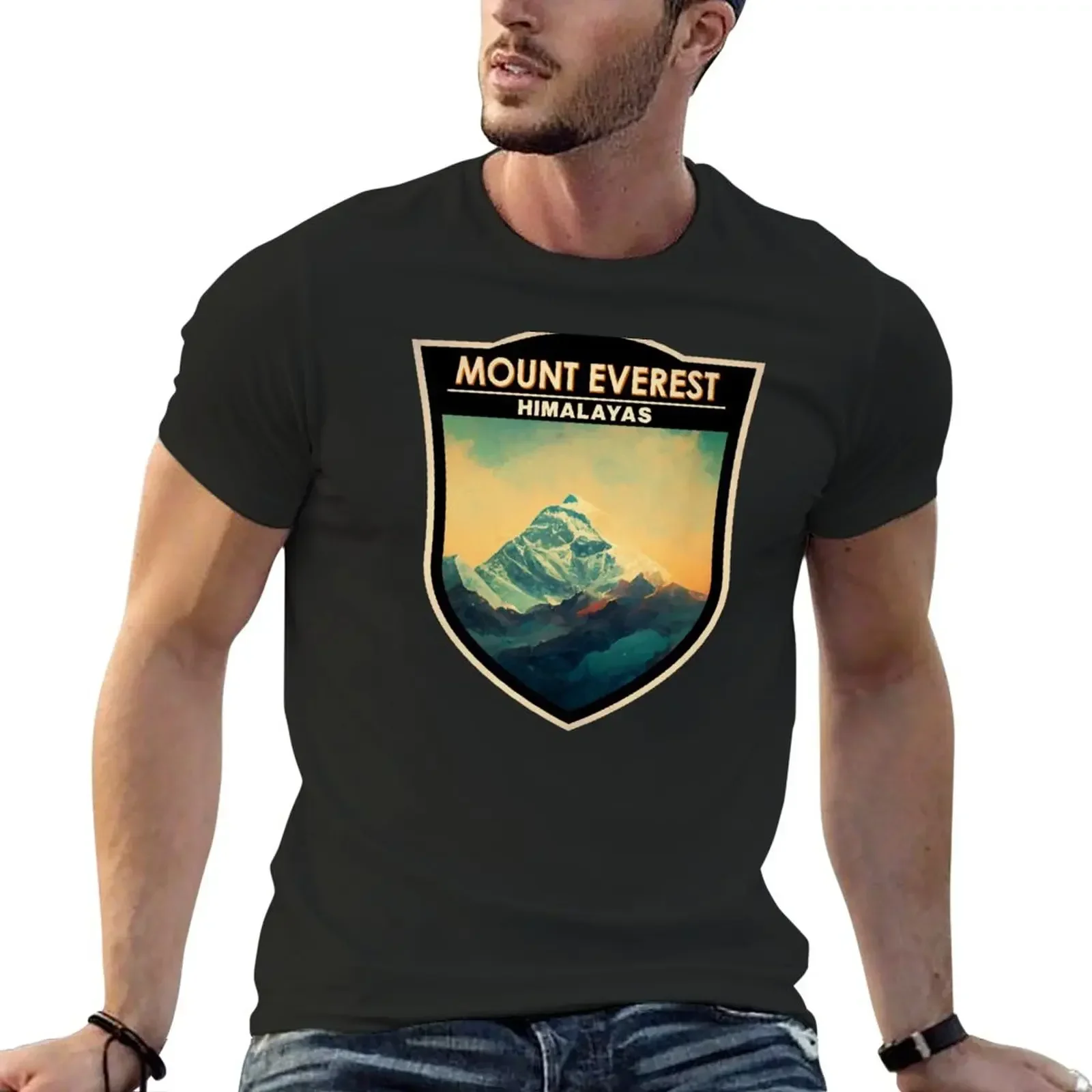 Mount Everest Himalayas Watercolor Badge T-Shirt anime customs fitted t shirts for men High Quality 100%Cotton Short Sleeve