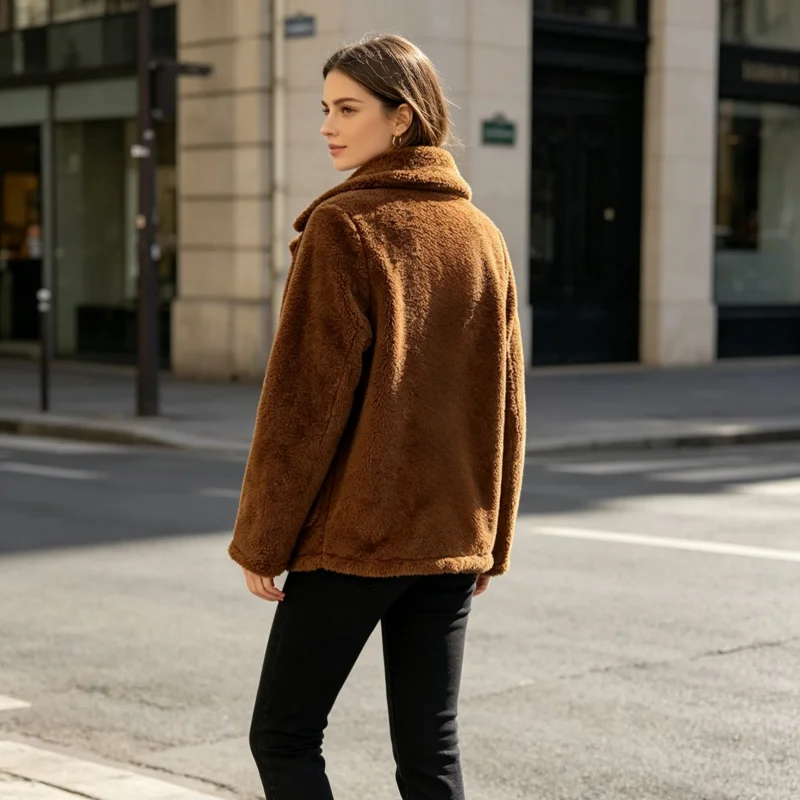 Damen-Kurzmantel mit Reverskragen, Sherpa-Teddy-Optik, Knopfleiste vorne, flauschige, weiche Plüschjacke mit Taschen, Winter-Freizeit-Oberbekleidung – Detail 3