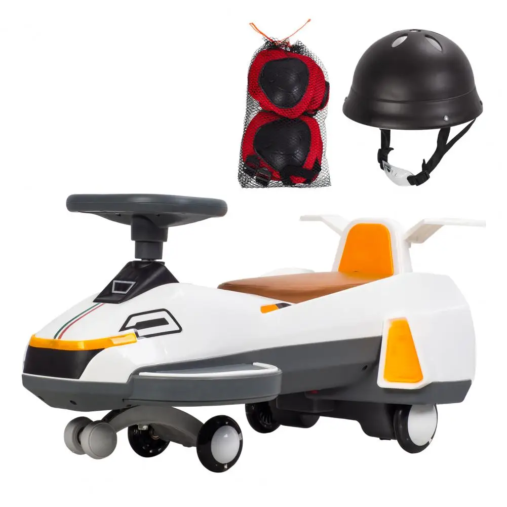 Elektrische draaiauto met lichte muziek en helm, 2-in-1 schommelauto met gesimuleerde motorfunctie, anti-rol elektrische twister met