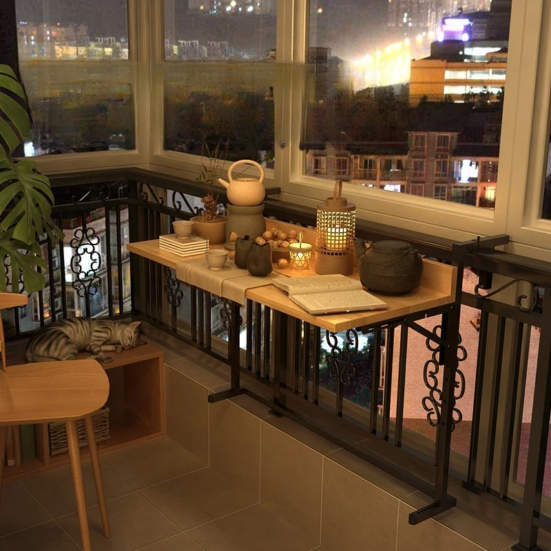 Balcony leisure small bar hanging railing collapsible bar table household hanging guardrail hanging table solid wood island